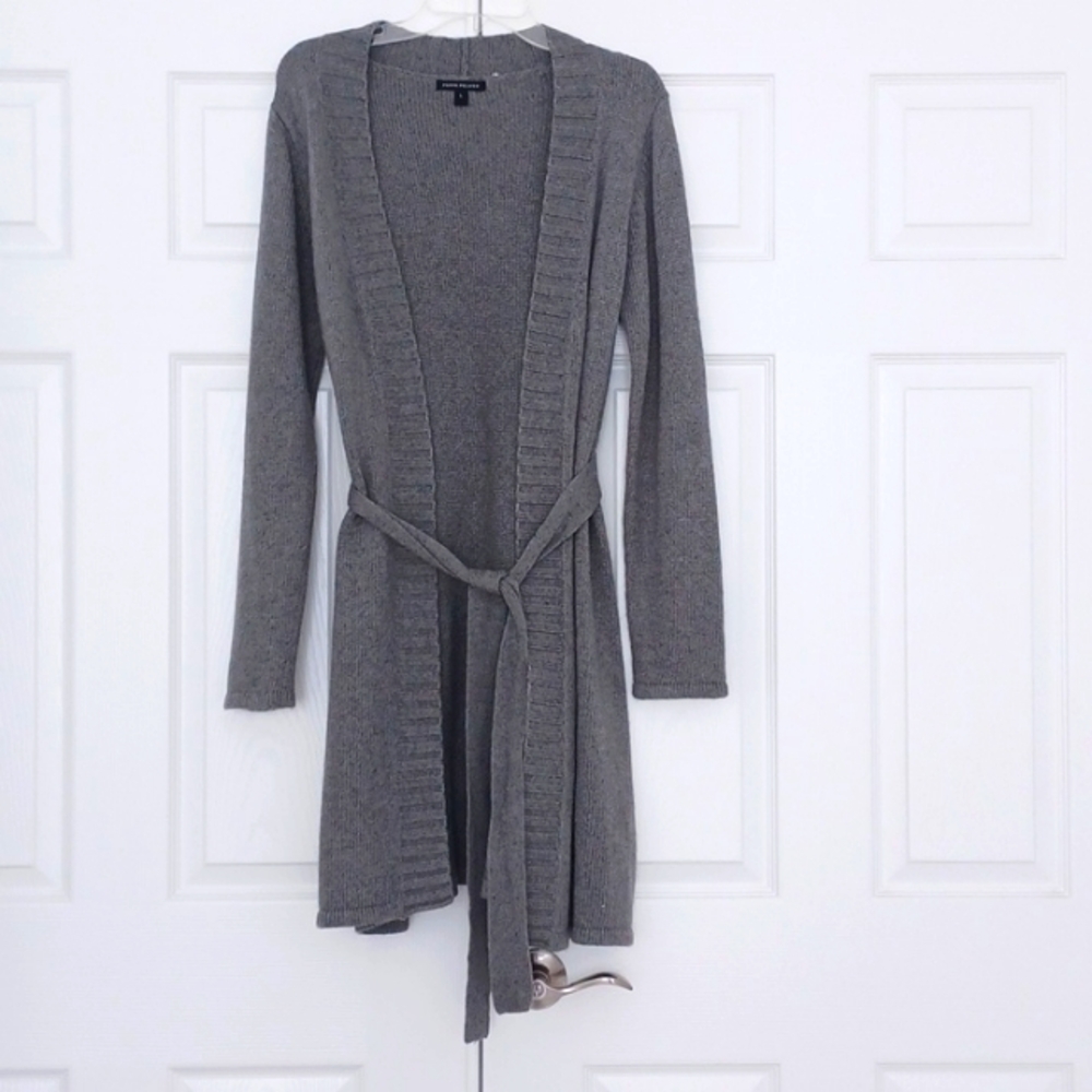 Womens Medium Grey Long Knit Cardigan with Belt